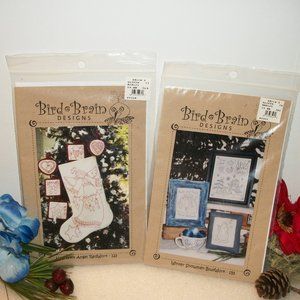 2 NEW Bird Brain Designs Redwork Angel #123 Stocking & Bluework Snowman #155